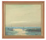 Boats in an estuary by John Tuck, oil on board, sold Jun 2023