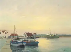 Boats and trawler resting at harbour by John Tuck, oil on board, sold Jun 2023