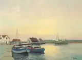 Boats and trawler resting at harbour by John Tuck, oil on board, sold Jun 2023