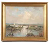 An estuary view with a distant sail boat and birds by Jack Cox, oil on canvas, sold Jun 2023