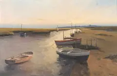 Boats moored on a North Norfolk estuary by John Tuck, oil, sold Jun 2023