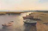 Boats moored on a North Norfolk estuary by John Tuck, oil, sold Jun 2023