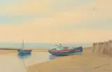 Boats on the sands in North Norfolk by John Tuck, oil on board, sold Jun 2023