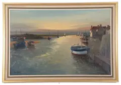 Moored boats at Wells next the Sea during sunset by John Tuck, oil on board, sold Jun 2023