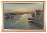 Moored boats at Wells next the Sea during sunset by John Tuck, oil on board, sold Jun 2023