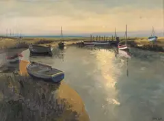 An estuary view with moored boats by John Tuck, oil, sold Jun 2023