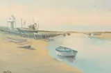 Moored boats in North Norfolk estuary by John Tuck, oil on board, sold Jun 2023