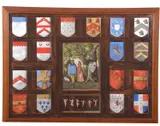 A central panelled window depicts two figures (possibly John and Emily Paston) with 18 panels presenting the Paston family arms by Percy Millican, 1952, acrylic on paper, offered Jun 2023