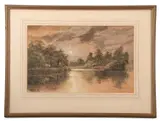 River lit by moonlight by Charles Harmony Harrison, 1899, watercolour, sold Jun 2023