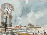 A Norfolk winter landscape by Hugh Brandon Cox, watercolour and gouache, sold Jun 2023