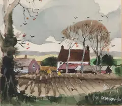 Stakesby landscape scene by Hugh Brandon Cox, watercolour and gouache, sold Jun 2023