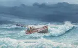 The Louisa Heartwell escorting the Hoveller James and Ellen through heavy surf, Nov 1912 by Michael Bensley, 2001, watercolour, sold Jun 2023