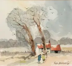 Norfolk landscape scene by Hugh Brandon Cox, watercolour, sold Jun 2023