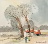 Norfolk landscape scene by Hugh Brandon Cox, watercolour, sold Jun 2023