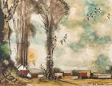 Norfolk Landscape with ducks alighting by Hugh Brandon Cox, watercolour and gouache, sold Jun 2023