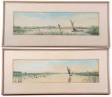 Barton Broad Going North, Stalham and Barton in distance with Colfield Mill by Charles Frederick Rump, watercolor, sold Jun 2023