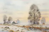 Winter landscape with pheasants in the foreground by Brian Day, watercolour and ink, sold Jun 2023