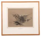 Castle above a mountain lake, charcoal heightened with white,12x9ins, framed and glazed by Henry Bright, charcoal, sold Jun 2023