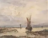 Estuary scene by Jack Cox, watercolour, sold Jun 2023