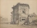 A dilapidated stone built Toll House with a female figure beside it by George Vincent, pencil on paper, sold Jun 2023
