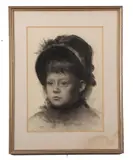 Portrait of a young girl in a bonnet by Gertrude C. Howes, pencil, sold Jun 2023