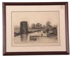 Fishing at Castle Tower, Norwich by Robert Farren, 1885, etching, offered Jun 2023