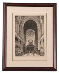 Interior view of Norwich Cathedral by Robert Farren, 1883, etching, offered Jun 2023