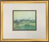 A view over green pasture with a church and buildings on a misty by Brüer Tidman, 1975, acrylic on paper, offered Jun 2023