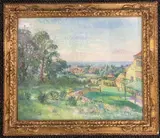 Landscape with village by Margaret Fisher Prout, oil on board, sold Jun 2023
