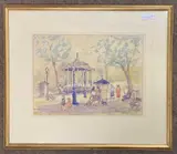 A park scene depicting figures before a bandstand by William George Tuck, watercolour, offered Jun 2023