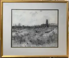Landscape scene with a distant church and buildings by Brüer Tidman, 1976, pastel on paper, sold Jun 2023