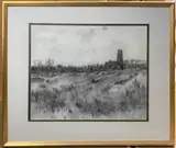 Landscape scene with a distant church and buildings by Brüer Tidman, 1976, pastel on paper, sold Jun 2023