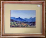 Macdonnell Ranges by Enos Namatjira, watercolour, sold Jun 2023