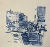 Industrial canal scene by Helen Robinson, 1931, watercolour and wash, offered Jun 2023