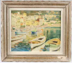 Villefranche' harbour scene, French Riviera by Léo Fontan, oil on canvas, sold Jul 2025