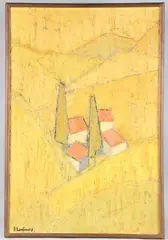 Landscape with buildings by Jacqueline Lardinois, oil on canvas, sold Jul 2025