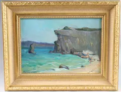 Coastal view with figures on a cliff top by Pavel Bogdanov, oil on board, sold Jul 2025