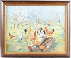 Chickens amongst blossom trees by Vitaly Baranenko, oil on canvas, sold Jul 2025