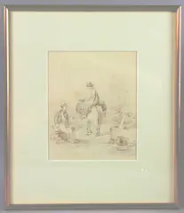 A woman on horseback and a seated man at a well by Paul Sandby Munn, pencil and watercolour, sold Jul 2025