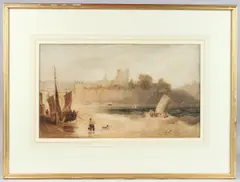 Coastal view of a castle on a cliff top by Samuel Austin, watercolour, offered Jul 2025