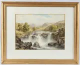 Waterfalls in mountain landscapes, both signed, 26.5cm x 36.5cm by Charles A. Bool, watercolor, sold Jul 2025