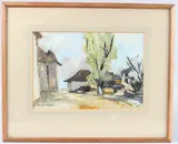 View of tree and buildings by Raoul Domenjoz, gouache on paper, offered Jul 2025