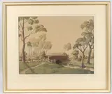 Landscape with trees and bridge crossing a stream by Vance Paynes, watercolour, offered Jul 2025