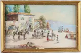 Coastal town with figures trading fish by Pablo Martinado, watercolour, offered Jul 2025