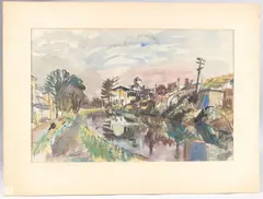 View of a waterway with path and buildings by George Hooper, Ink and watercolour, signed and dated '38,31cm x, sold Jul 2025
