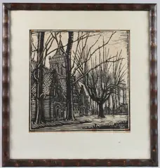 The church at Monnickendam, Netherlands, woodcut print, initialled in the print, inscription beneath in pencil, 34cm x 33cm by Joseph van de Wall Perné, woodcut, sold Jul 2025