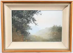 Misty landscape by Pamela Derry, oil on board, offered Jun 2025