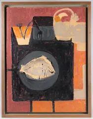 Woman and Fish 1 1957' oil on board, 78cm x 59cm by Margaret Mellis, oil on board, sold Jun 2025