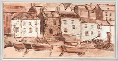 View of a harbour side houses by Fred Yates, oil on board, offered Jun 2025