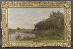 A man fishing and a woman washing on a riverbank by Edmond Marie Petitjean, oil on canvas, sold Jun 2025